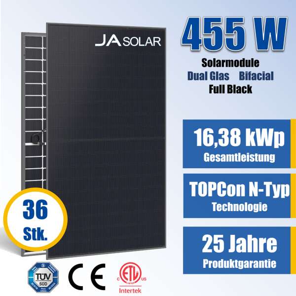 36x JA Solar 455Wp N-Type Glas-Glas Full Black Bifazial Solarmodul JAM54D41-455/LB  – 25 Jahre Produktgarantie (Palette)