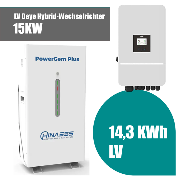 Deye Komplettset 15 kW Hybridwechselrichter (Deye SUN-15K-SG05LP3-EU-SM2) & HINAESS PowerGem Plus Niederspannung Batteriespeicher, 14.3kWh - 0% MwSt. (gem. § 12 Abs. 3 UStG)
