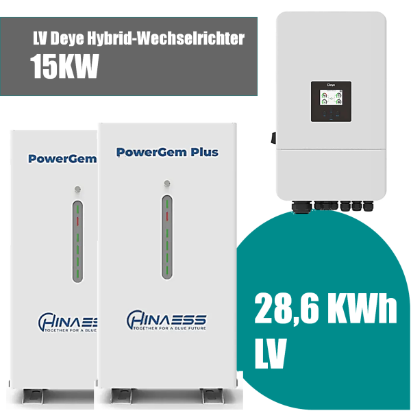 Deye Komplettset 15 kW Hybridwechselrichter (Deye SUN-15K-SG05LP3-EU-SM2) & HINAESS PowerGem Plus Niederspannung Batteriespeicher, 28.6kWh - 0% MwSt. (gem. § 12 Abs. 3 UStG)