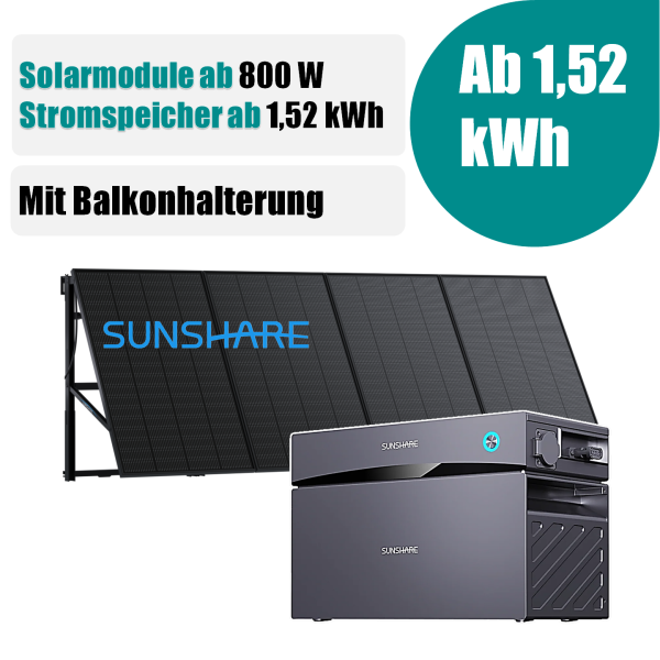 SUNSHARE Glory All-in-One 800W Balkonkraftwerk mit Speicher 1.52 kWh und Halterung