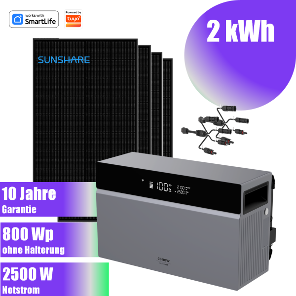 800W Balkonkraftwerk Smart mit Tuya Conow 2kWh Speicher + 4x Sunshare Ray 200W ohne Halterung