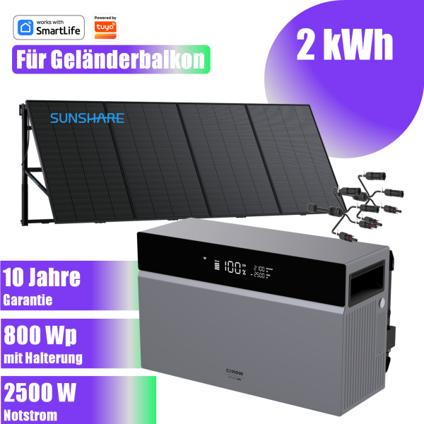 800W Balkonkraftwerk Smart mit Tuya Conow 2kWh Speicher + 4x Sunshare Ray 200W mit Halterung für Geländer Balkon