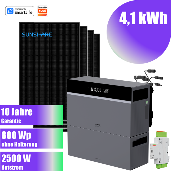 800W Balkonkraftwerk Smart mit Tuya Conow 4,1kWh Speicher + 4x Sunshare Ray 200W ohne Halterung