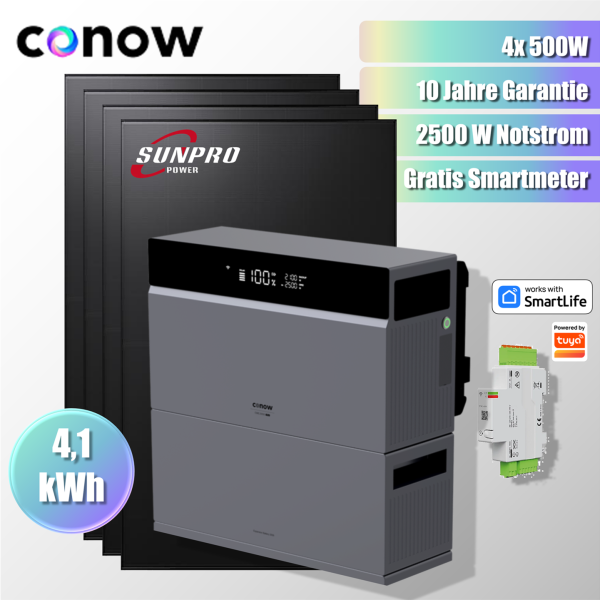 2000W Balkonkraftwerk Komplettset Tuya Conow 4,1kWh Speicher + 4x Sunpro 500Wp Full Black Bifaziale Solarmodule + Gratis Smartmeter