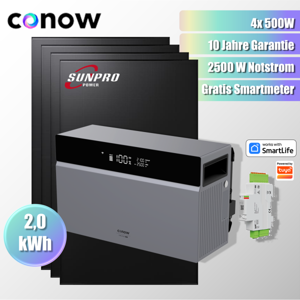 2000W Balkonkraftwerk Komplettset Tuya Conow 2kWh Speicher + 4x Sunpro 500Wp Full Black Bifaziale Solarmodule + Gratis Smartmeter