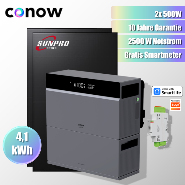 1000W Balkonkraftwerk Komplettset Tuya Conow 4.1kWh Speicher + 2x Sunpro 500Wp Full Black Bifaziale Solarmodule + Gratis Smartmeter