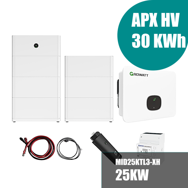 Growatt Komplettset MID 25KTL3-XH 25kW Hybridwechselrichter 3-phasig & APX 30.0P Solarspeicher 30kWh (mit P2)