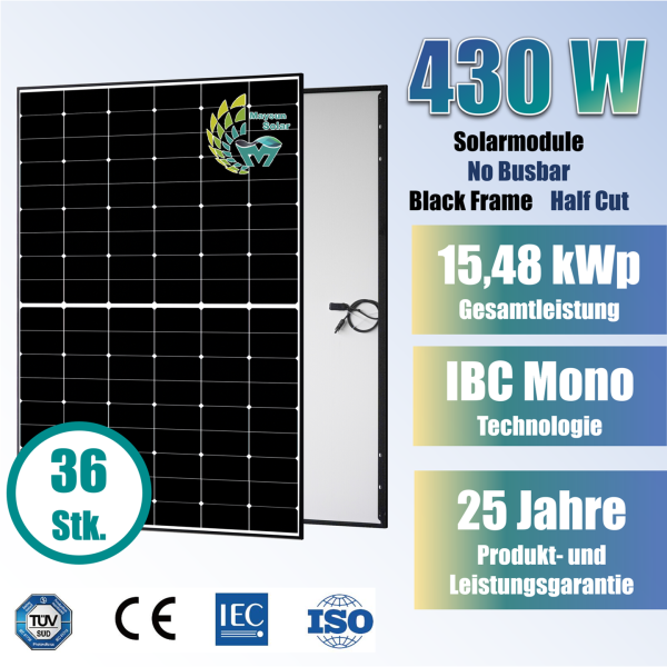 36x Maysun 430Wp IBC Mono Black Frame No Busbar Half-Cut Solarmodul MS430-BC-54H (Palette)