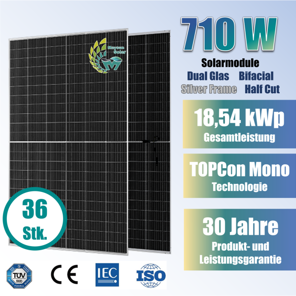 36x Maysun 710Wp TOPCon N-Type Glas-Glas Bifazial Solarmodul Silberrahmen MS710-MTDG-66HN (Palette)