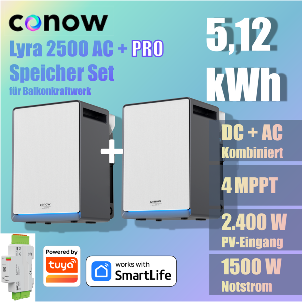 CONOW Tuya Lyra 2500 Pro + AC Speicher-Set 5,12 kWh für Balkonkraftwerke+ Gratis Smartmeter - 2% Skonto bei Vorkasse Banküberweisung