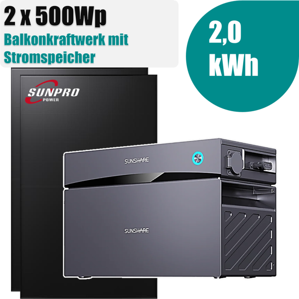 1000W Balkonkraftwerk mit Sunshare Glory 2,03kWh Speicher + 2x Sunpro 500Wp Full Black Bifaziale Solarmodule