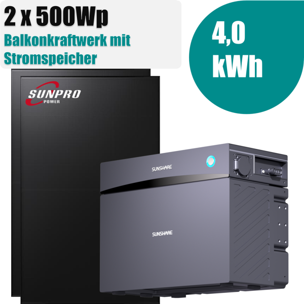 1000W Balkonkraftwerk mit Sunshare Glory 4,02kWh Speicher + 2x Sunpro 500Wp Full Black Bifaziale Solarmodule