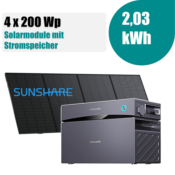 800W Balkonkraftwerk mit Sunshare Glory 2,03 kWh Speicher + 4x Sunshare 200 Wp Full Black Leichtmodule mit N-TOPCon-Technologie für Balkon & Zaun