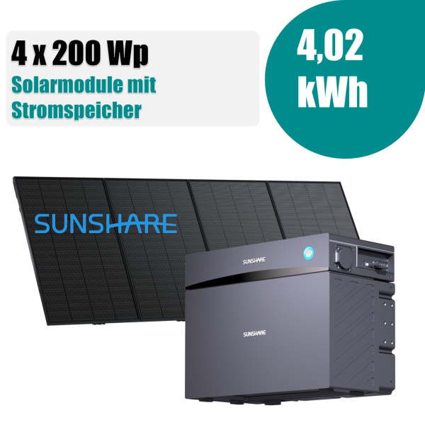 800W Balkonkraftwerk mit Sunshare Glory 4,02 kWh Speicher + 4x Sunshare 200 Wp Full Black Leichtmodule mit N-TOPCon-Technologie für Balkon & Zaun