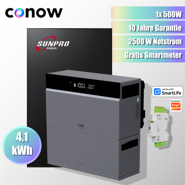 500W Balkonkraftwerk Komplettset Tuya CONOW 4,1 kWh Speicher + 1x Sunpro 500Wp Full Black bifaziales Glas-Glas-Solarmodul + Gratis Smart Meter