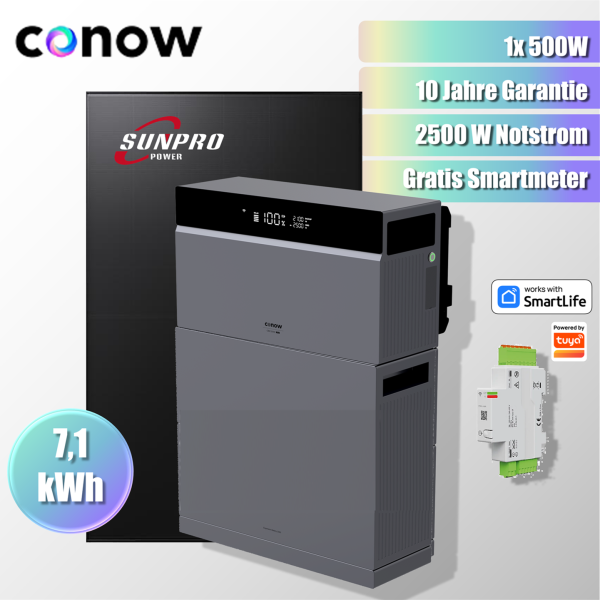 500W Balkonkraftwerk Komplettset Tuya CONOW 7,1 kWh Speicher + 1x Sunpro 500Wp Full Black bifaziales Glas-Glas-Solarmodul + Gratis Smart Meter