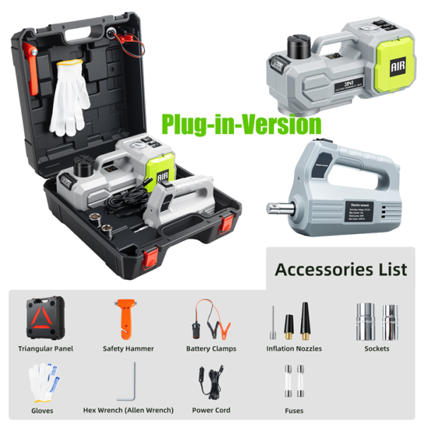 ASCEND PRO Plug-in Elektro-Hydraulik-Wagenheber 5 t, 12-V-Steckerversion mit Luftpumpe, 450 Nm Radschrauber, LED und Koffer