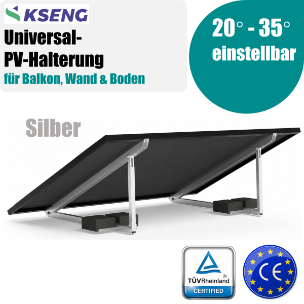 Universal-PV-Halterung Silber – Verstellbare Solarmodulhalterung 20–35° für Balkon, Wand & Boden