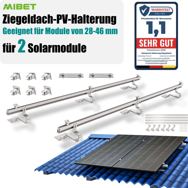 Ziegeldach-PV-Halterung für 2 Solarmodule – Montageset mit Universalklemmen 28–46 mm