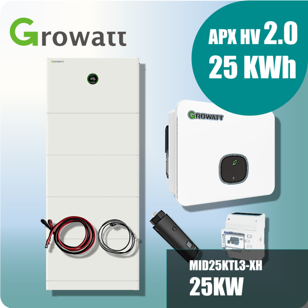 Growatt Komplettset MID 25KTL3-XH 25kW Hybridwechselrichter 3-phasig & APX 2.0 25.0M-S3 25 kWh Hochvolt-Solarspeicher-Set