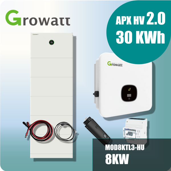 Growatt Komplettset MOD8KTL3-HU 8kw Hybridwechselrichter 3-phasig & APX 2.0 30.0M-S3 30kWh Hochvolt-Solarspeicher