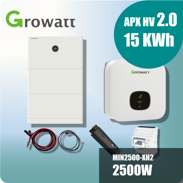 Growatt Komplettset MIN 2500-XH2 2,5kW Hybridwechselrichter 1-phasig & APX 2.0 15.0M-S3 15kWh Hochvolt-Solarspeicher
