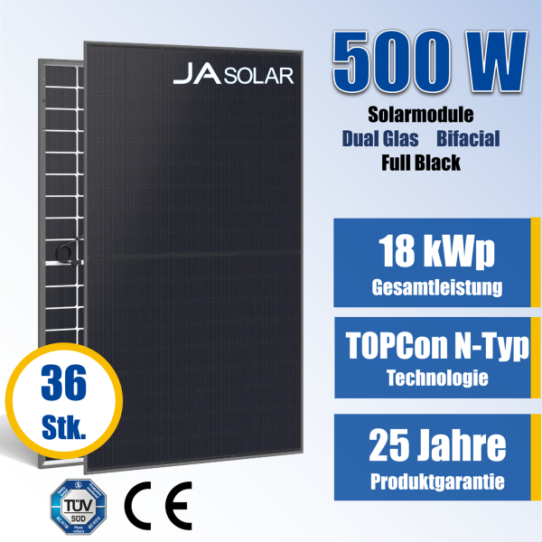 36x JA Solar 500Wp N-Type Glas-Glas Full Black Bifazial Solarmodul JAM60D41-500/LB – 25 Jahre Produktgarantie (Palette)