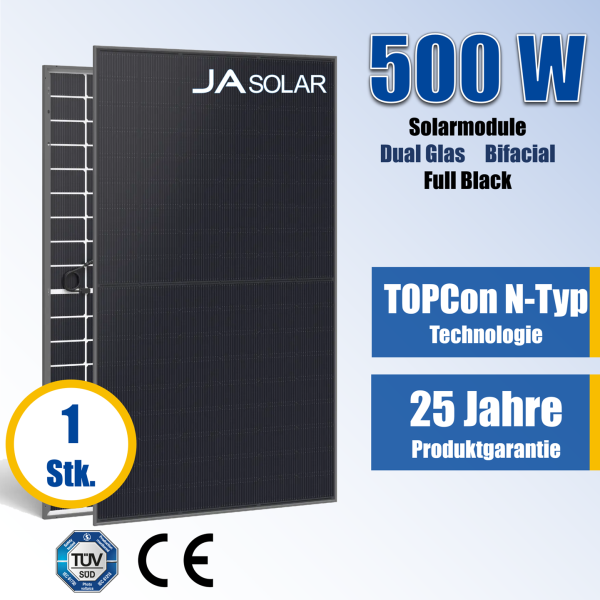 1 Stk. JA Solar 500Wp N-Type Glas-Glas Full Black Bifazial Solarmodul JAM60D41-500/LB  – 25 Jahre Produktgarantie