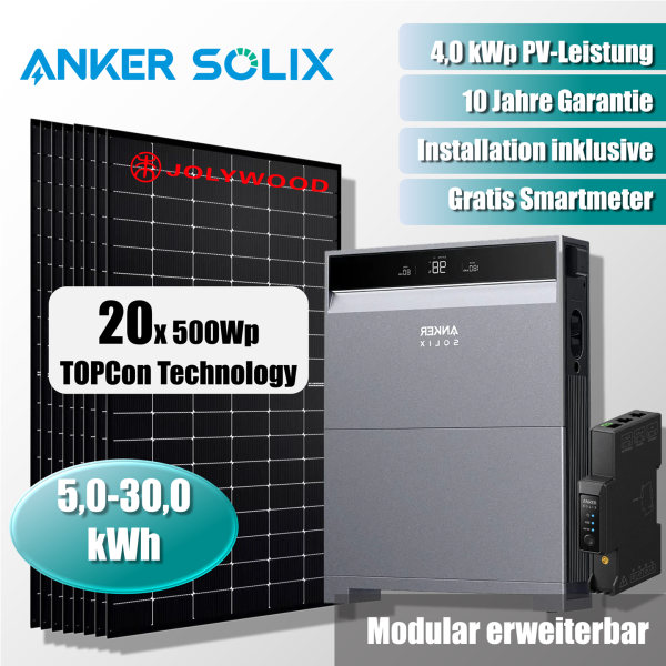 10000W Solarkraftwerk mit Anker SOLIX X1-H10K-T Speicher + 20x Jolywood 500Wp Full Black Solarmodule für Schrägdach inkl. Installationsservice