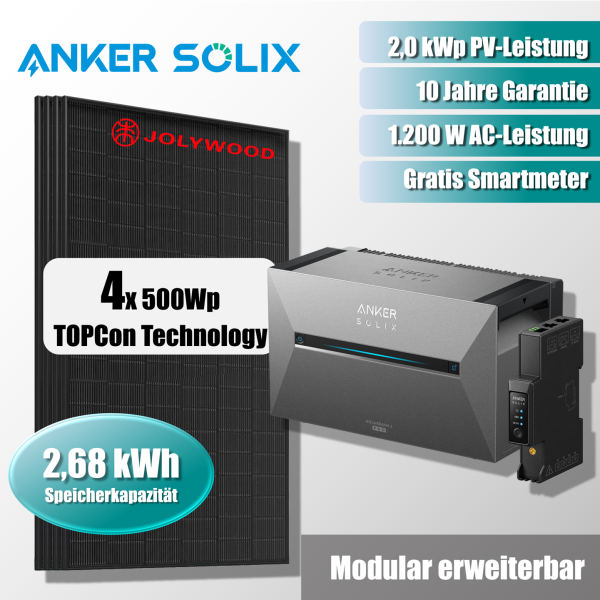 Anker Solix Solarbank 3 E2700 Pro + Smart Meter Gen 2 3 Phasen + 4x Jolywood 500W Solarmodule 2kWp - 2% Skonto bei Vorkasse Banküberweisung