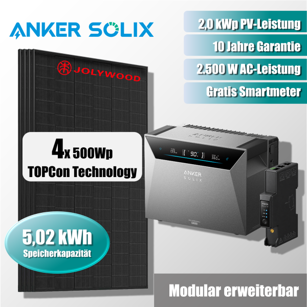 Anker Solix Solarbank 4 E5000 Pro + Smart Meter Gen 2 3 Phasen + 4x Jolywood 500W Solarmodule 2kWp - 2% Skonto bei Vorkasse Banküberweisung
