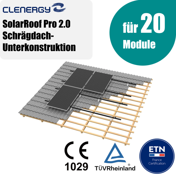 Clenergy SolarRoof Pro 2.0 PV-ezRack Schrägdach-Unterkonstruktion Komplettset für 20 PV-Module