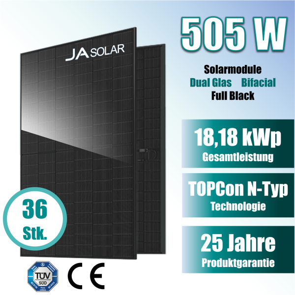 36x JA Solar 505Wp N-Type TOPCon Glas-Glas Full Black Bifazial Solarmodul JAM60D41-505/LB – 25 Jahre Produktgarantie (Palette)