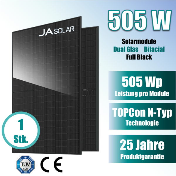 1 Stk. JA Solar 505Wp N-Type TOPCon Glas-Glas Full Black Bifazial Solarmodul JAM60D41-505/LB – 25 Jahre Produktgarantie