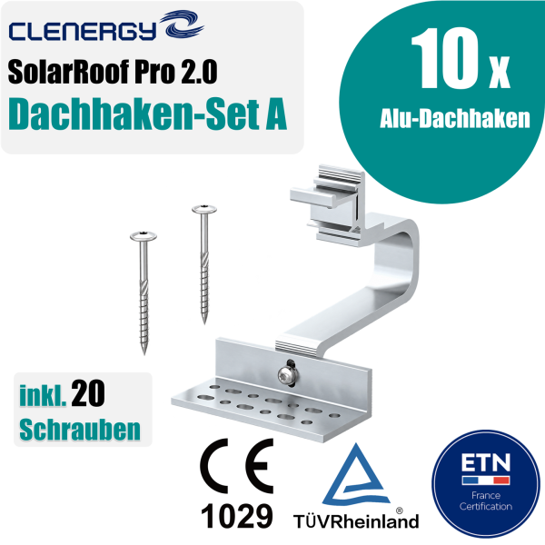 Clenergy SolarRoof Pro 2.0 Dachhaken-Set A – 10x Alu-Dachhaken inkl. 20x Tellerkopfschrauben
